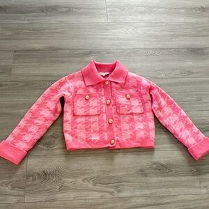 Anthropologie English Factory Pink Houndstooth gold button cropped cardigan